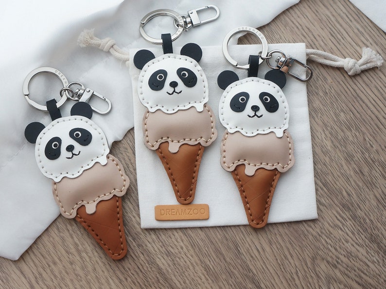 Handmade Leather Keychain Personalized, Panda Ice-cream, Bag Charm, Food Keychain, Gift for him/her, Cute Keychains for Women image 7