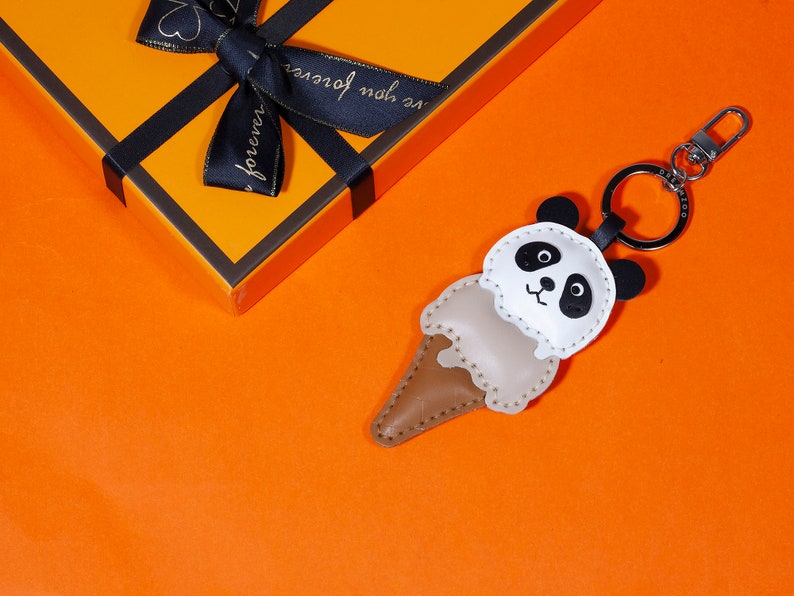 Handmade Leather Keychain Personalized, Panda Ice-cream, Bag Charm, Food Keychain, Gift for him/her, Cute Keychains for Women image 2