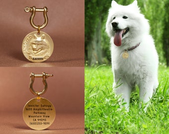 Samoyed Dog Tags, Personalized Dog Tag for Dogs, Custom Engraved Brass Pet ID Tag with D Ring Clasp