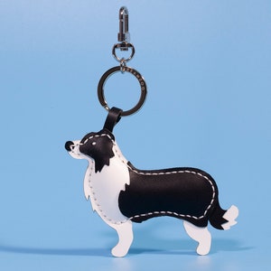 Llavero de encanto de cuero genuino, llavero Border Collie, amuleto de bolso, llavero de perro personalizado, postura de pie, artesanías de cuero hechas a mano