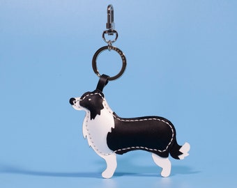 Genuine Leather Charm KeyChain, Border Collie Keyring, Bag charm, Custom Dog Keychain, Standing Posture, Handmade Leather Crafts