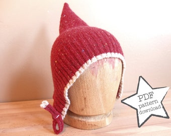 Pixie Hat sewing pattern, recycle your old sweater! Elf hat: warm and adorable. Easy DIY gift. Sizes newborn-adult.