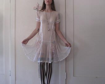 1920's Silk Dress w/ Lace Inserts sz Xs