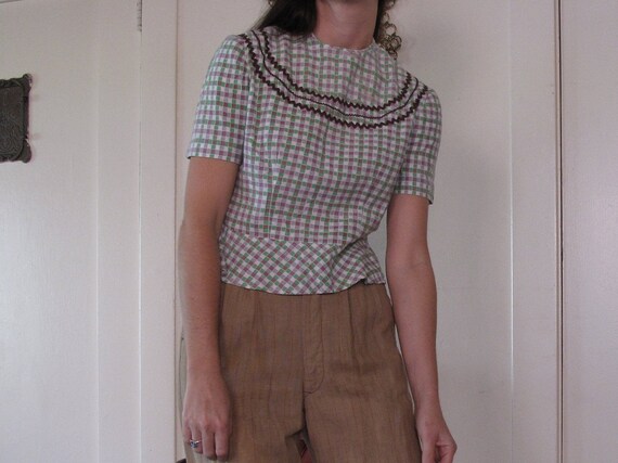 1940's Checkered Blouse w/ Buttons sz Sm