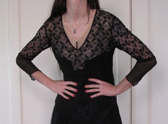 1920's Spider Web Lace Silk Chiffon Dress sz Sm