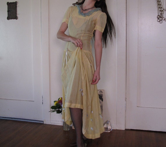 1930's Sheer Yellow Dress w/ Ribbons sz Sm