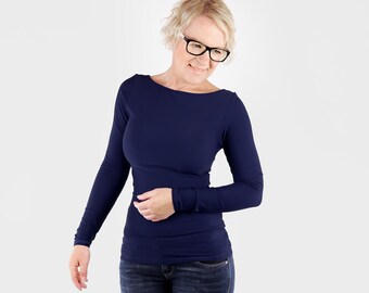 Navy Shirt / Boat Neck Top / Long 