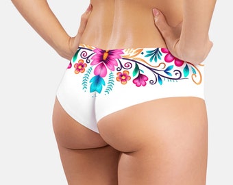 White reversible floral bikini bottom with seamless cheeky brazilian or french low cut style and moderate coverage - custom flower design