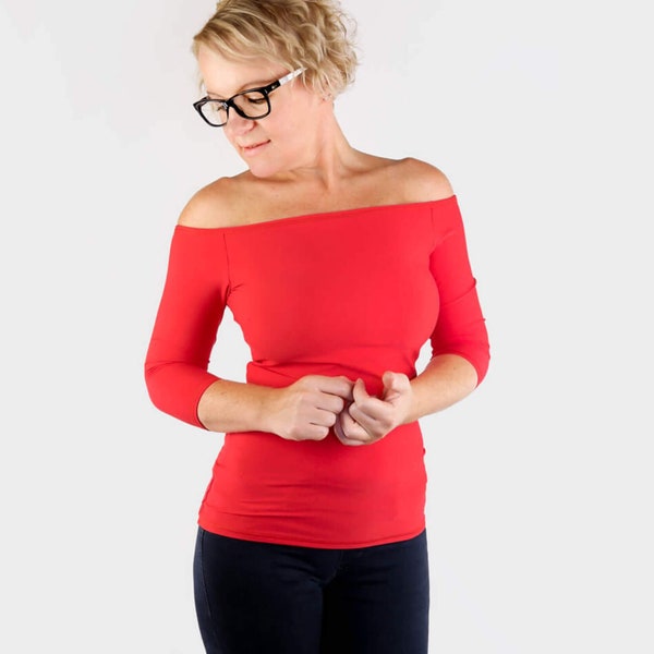 Red Off Shoulder Top / Bardot Top / Off Shoulder Shirt / Unique Top / Red Ladies Top / Long Sleeve Top / Minimalist Shirt / Red Fitted Top
