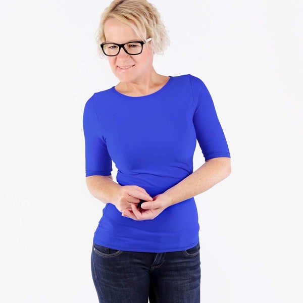 Chemise à col rond / Haut avec coudes / T-shirt bleu vif / Chemises d'automne / Haut de yoga / T-shirts pour femme / Haut ajusté / T-shirt basique / Vêtements décontractés