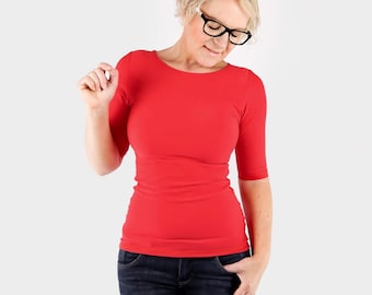 Fitted Red Top / Red T Shirt / Basic Red Shirt / Casual Blouse / Round Neck Top / Jewel Neck Shirt / Elbow Sleeves Top / Everyday Shirt