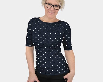 Navy hearts print top/shirt - stretchy slim fit boat neck blouse with love all over print and half sleeves in minimalist fashion style
