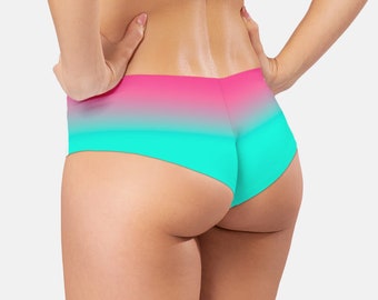 Seamless ombre bikini bottom with reversible cheeky brazilian or french low cut and moderate coverage - turquoise pink color gradient print