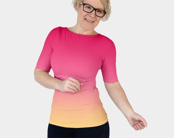 Pink ombre fitted T-shirt - casual classic stretchy minimalist top/blouse in color gradient with half/long sleeves and crewneck, scoop neck