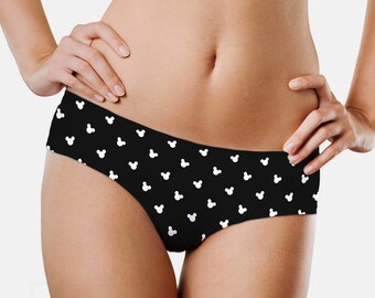 Reversible Mickey bikini bottom with seamless cheeky brazilian or french low cut and moderate coverage - black white designer print