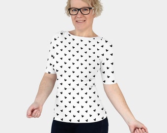 Slim fit white MICKEY top - fitted stretchy printed boat neck tee shirt/blouse with half sleeve and crewneck, scoop neck for Mickey lovers