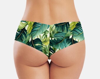 Tropical leaf seamless bikini bottom with reversible cheeky brazilian or french low cut style and moderate coverage - exotic&hawaii style