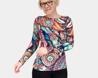 Modern boho top - slim fitted groovy blouse with crew neck, long sleeves and trendy printed colorful pattern for basic casual everyday wear