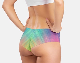 Reversible rainbow ombre bikini bottom with seamless cheeky brazilian or french low cut and moderate coverage - custom printed bikini