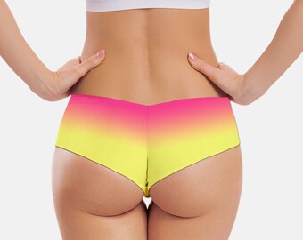 Pink yellow ombre seamless bikini bottom with reversible cheeky brazilian or french low cut and moderate coverage - custom printed bikini