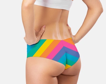 Striped rainbow bikini bottom with seamless reversible cheeky brazilian or french low cut and moderate coverage - colorful printed bikini
