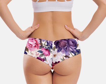 Reversible floral bikini bottom with seamless cheeky brazilian or french low cut and moderate coverage - custom pink purple floral print