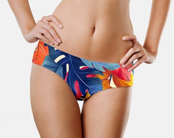 Bas de bikini tropical bleu sans couture avec coupe basse brésilienne ou française réversible effrontée et couvrance modérée - bikini imprimé personnalisé avec feuilles