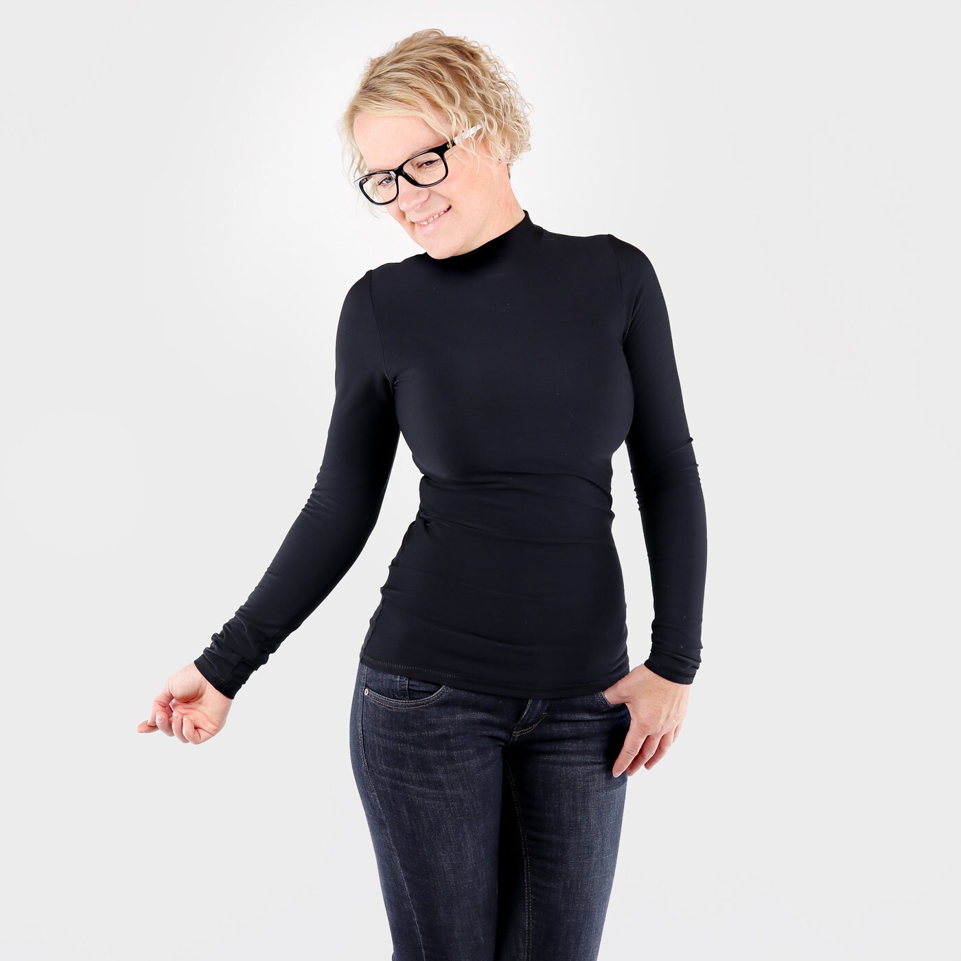 Black Basic Mock Neck Top With Long 