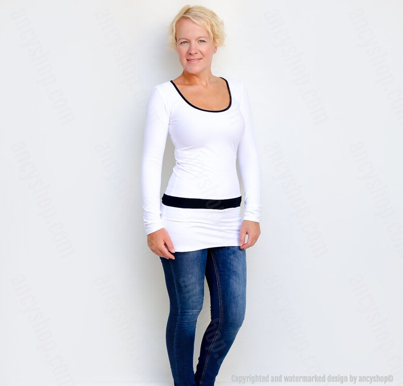 Black and White Top Womens Tunic Top Scoop Neck Tunic Black White Tunic Unique Long Top Womens Top White Tunic Top