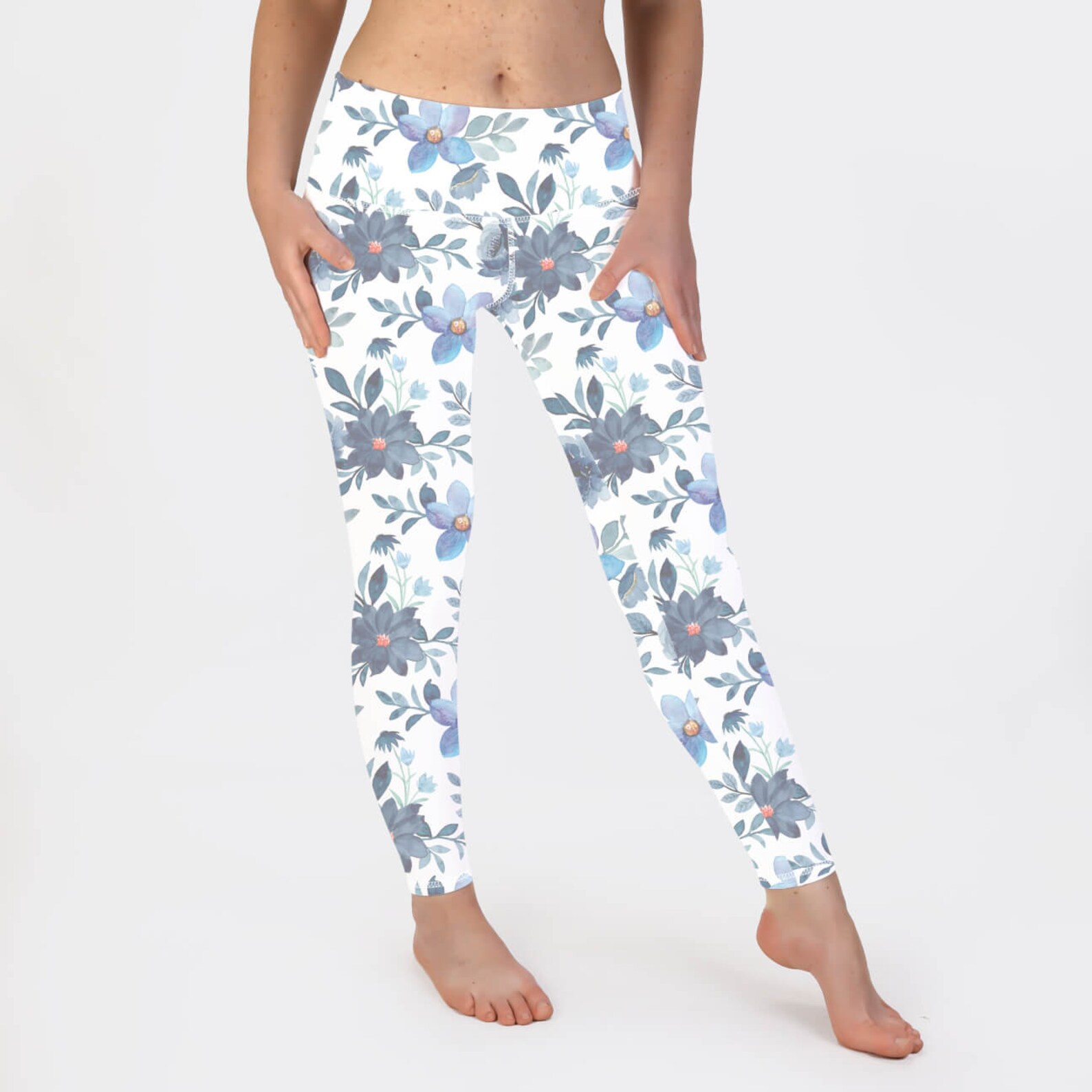 Blue Floral Leggings Flower Yoga Pants White Yoga Pants | Etsy