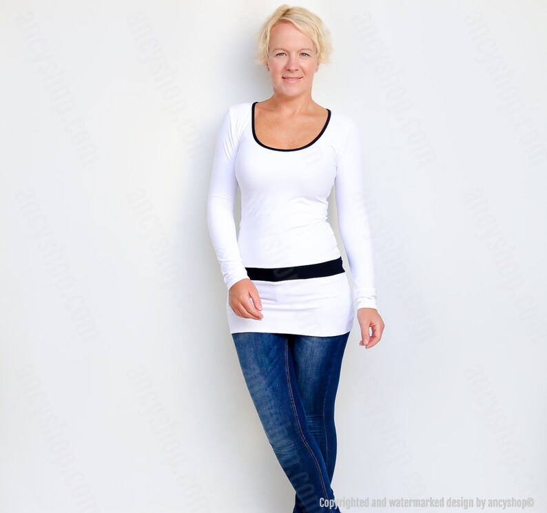 Black and White Top Womens Tunic Top Scoop Neck Tunic Black White Tunic Unique Long Top Womens Top White Tunic Top