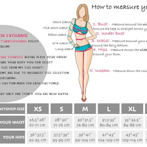 May include: A size chart infographic featuring a stylised illustration of a figure with labels for measuring bust, under bust, waist, hips, and inseam. It includes a table with sizes XS to XXL, listing waist and hip measurements in inches and cm.