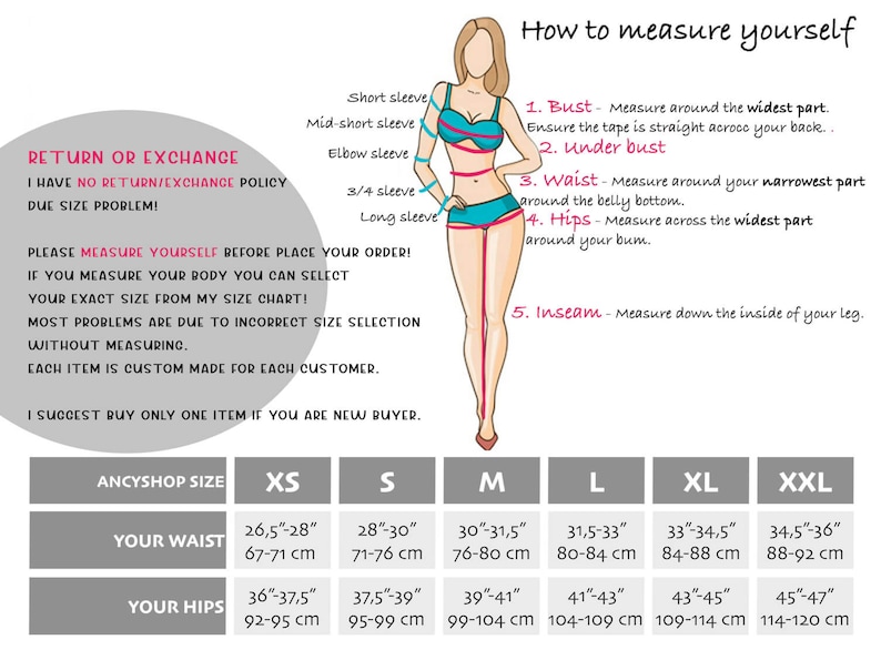 May include: A size chart infographic featuring a stylised illustration of a figure with labels for measuring bust, under bust, waist, hips, and inseam. It includes a table with sizes XS to XXL, listing waist and hip measurements in inches and cm.