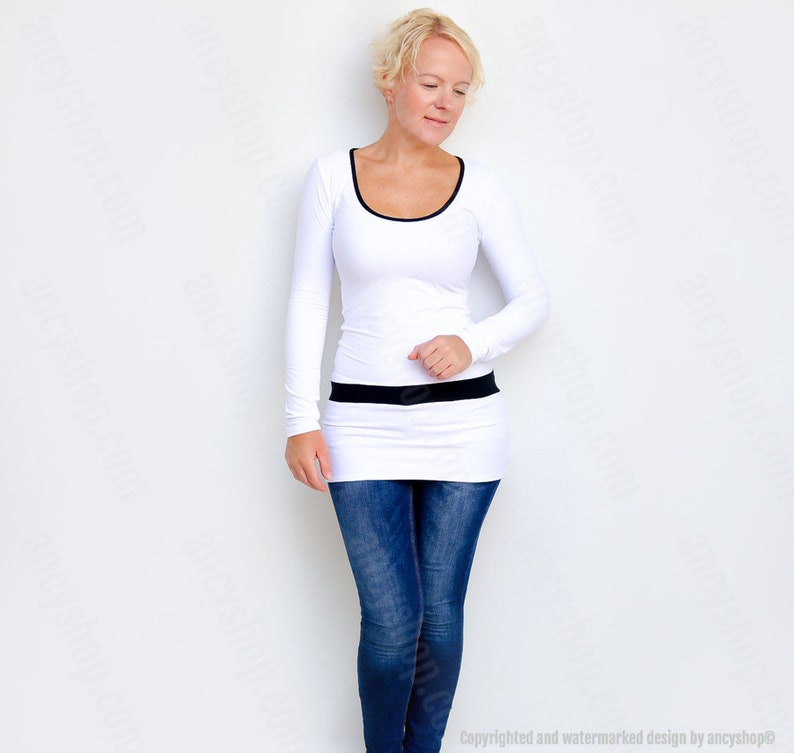 Black and White Top Womens Tunic Top Scoop Neck Tunic Black White Tunic Unique Long Top Womens Top White Tunic Top