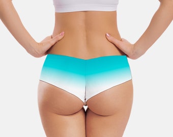 Seamless turquoise blue ombre bikini bottom with reversible cheeky brazilian or french low cut and moderate coverage - custom printed bikini