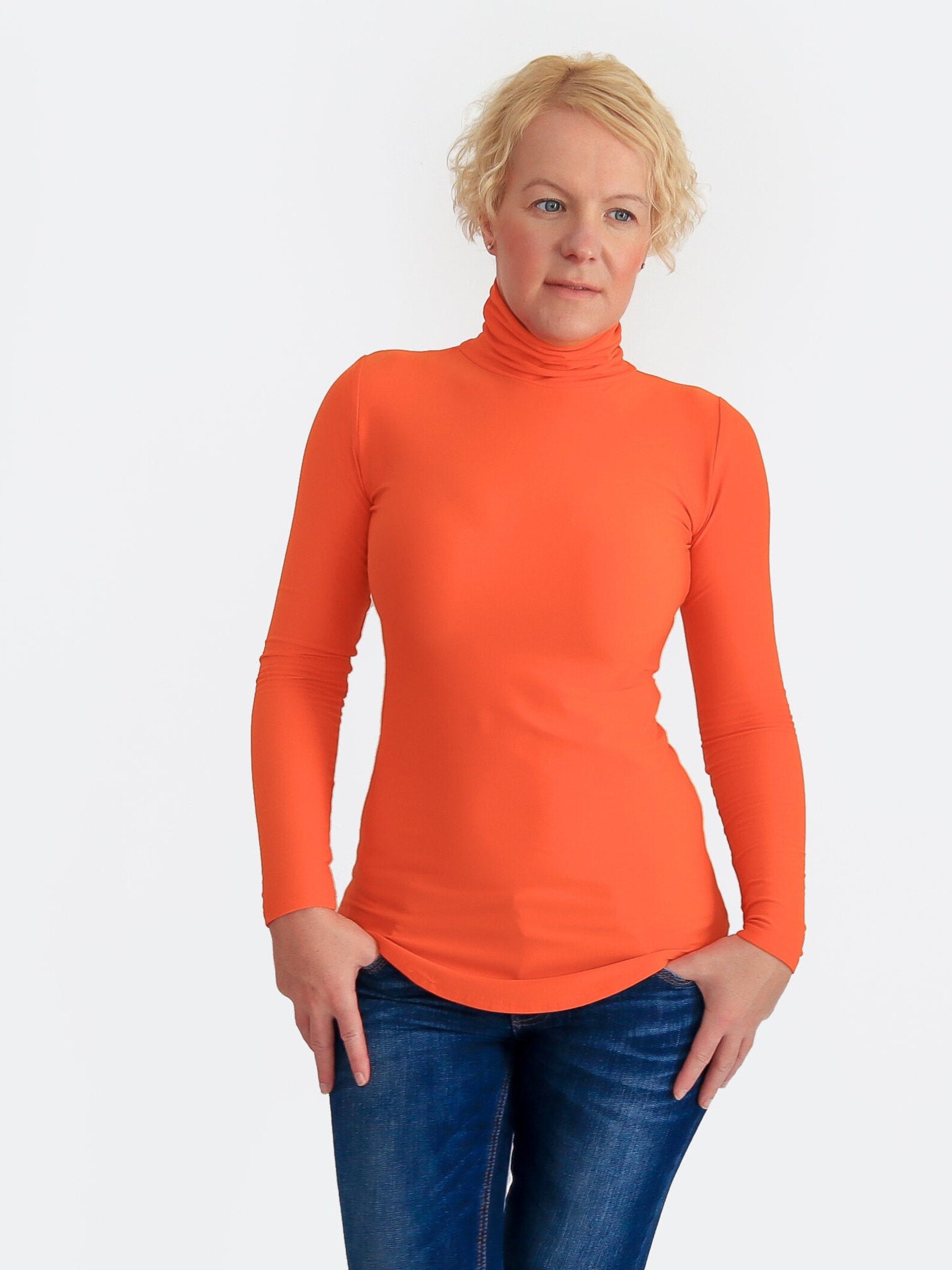 bright orange turtleneck