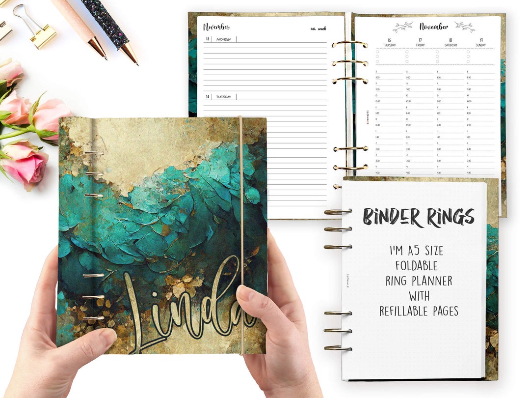 Personalized A5 Refillable Planner Binder Gold Teal Planner Etsy