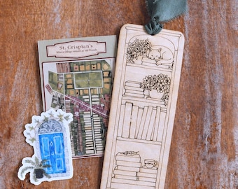 Emma M. Lion Laser Cut Wooden Bookmark Tracker – Tybalt Sleeping Cat, Bookshelf, St. Crispians Map, Blue Door Sticker