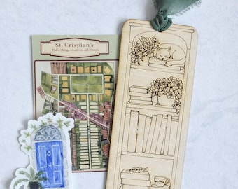 Emma M. Lion Laser Cut Wooden Bookmark Tracker – Tybalt Sleeping Cat, Bookshelf, St. Crispians Map, Blue Door Sticker