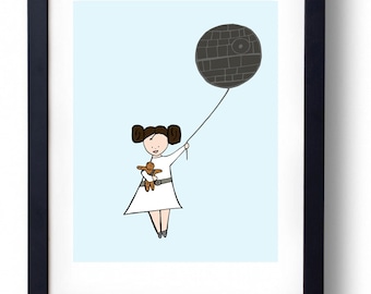 Princess Leia Little Girl Art Print with death star  8x10 Art DIGITAL || INSTANT DOWNLOAD