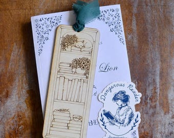 Emma M. Lion Laser Cut Wooden Bookmark Tracker – Tybalt Sleeping Cat, Bookshelf, St. Crispians Map, Blue Door Sticker
