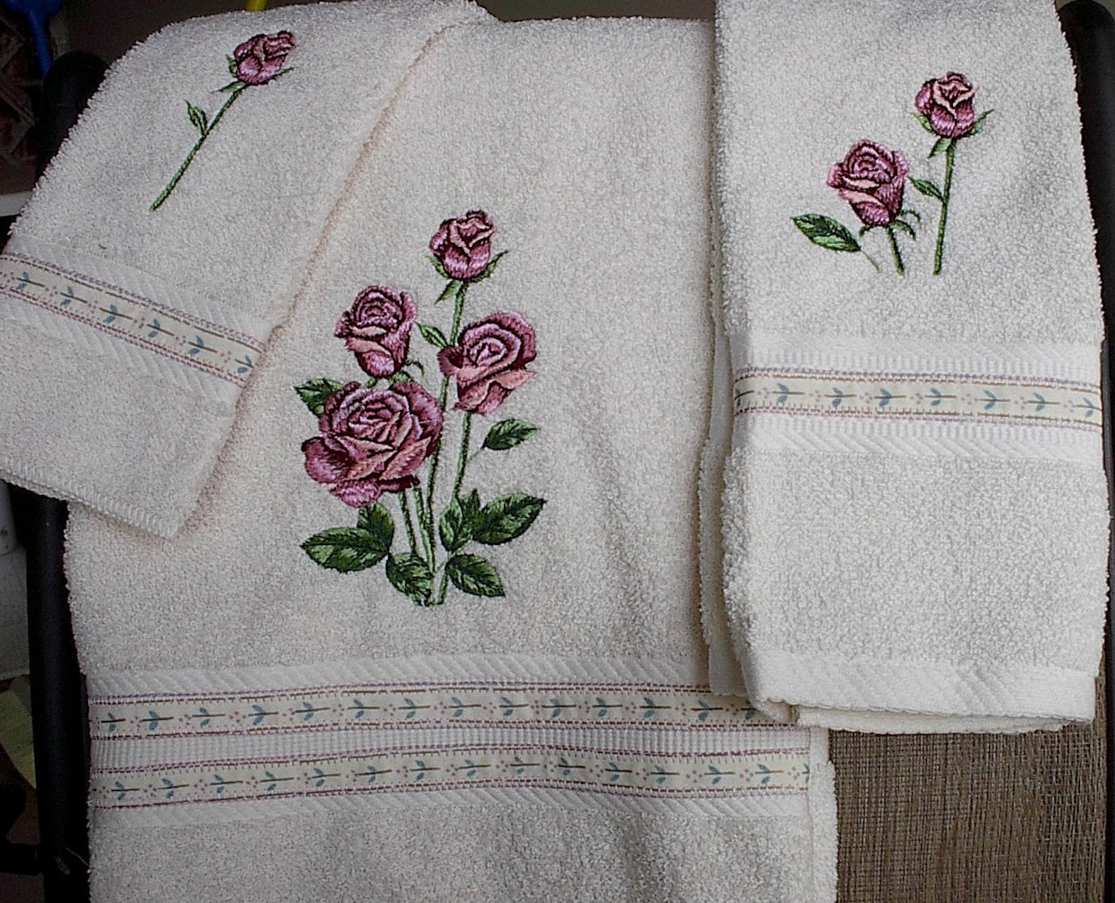Italian Cotton Baby Towel Set, Hand-Embroidered with Rosebuds