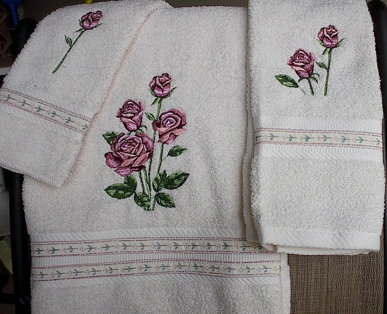 Embroidered Rose/rosebud Towel Set Etsy