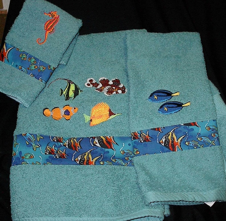 Light Blue Embroidered Tropical Fish Towel Set Etsy