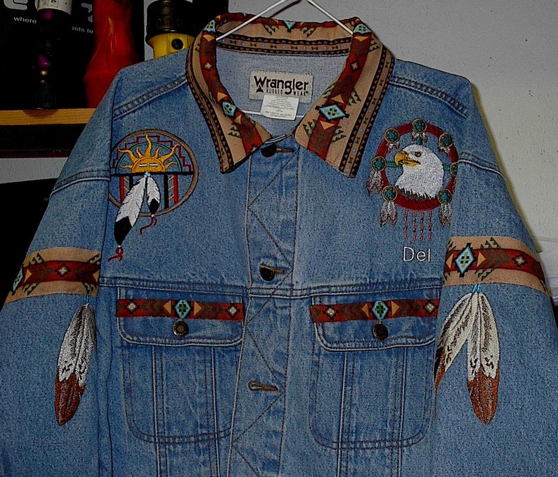 Eagle Feather Jean Jacket embroidered Native American Etsy