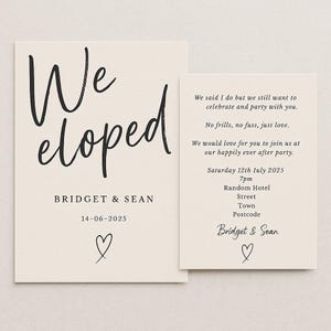 May include: A wedding announcement card with the text "We eloped" in black script font. The card also includes the couple's names, "Bridget & Sean", and the date "14-06-2025". The card is decorated with a small heart symbol.