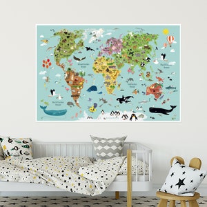 Kinderweltkarte Poster Kinder Weltkarte Tiere Illustrationen Plakate Landkarten Kinderzimmer Lernposter illustrierte Weltkarten Kontinente Bild 5