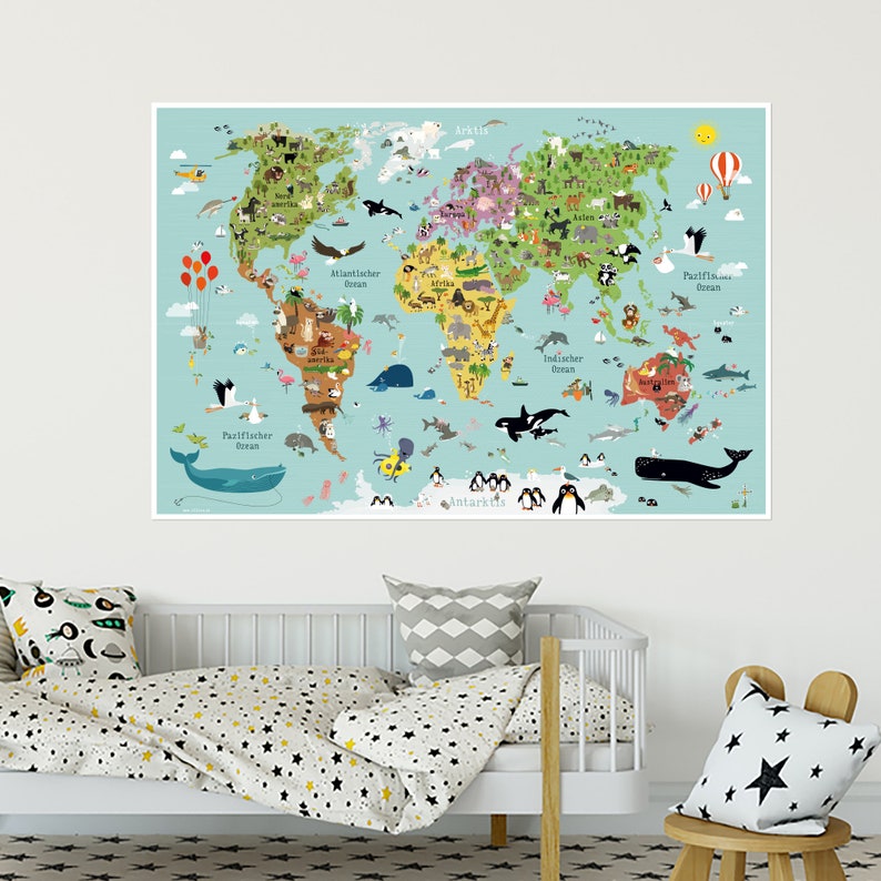 Kinderweltkarte Poster Kinder Weltkarte Tiere Illustrationen Plakate Landkarten Kinderzimmer Lernposter illustrierte Weltkarten Kontinente Bild 5