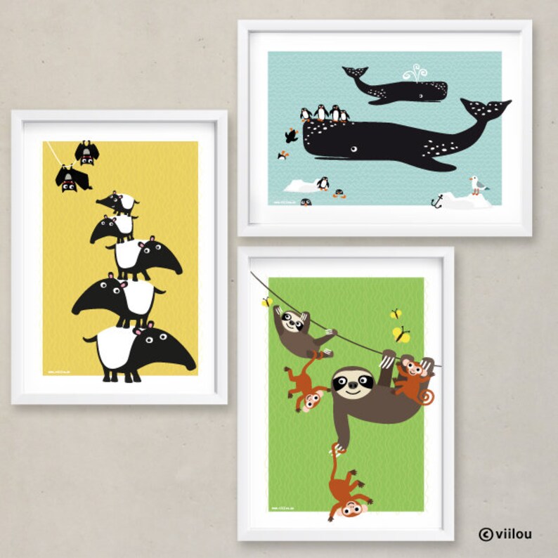 poster WHALES PENGUINS posters animals prints nursery illustration whale pictures baby room decor wall print penguin image 3