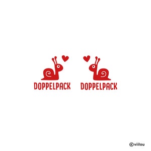 May include: Two red snails facing each other with hearts above them. The text "Doppelpack" is written below each snail.